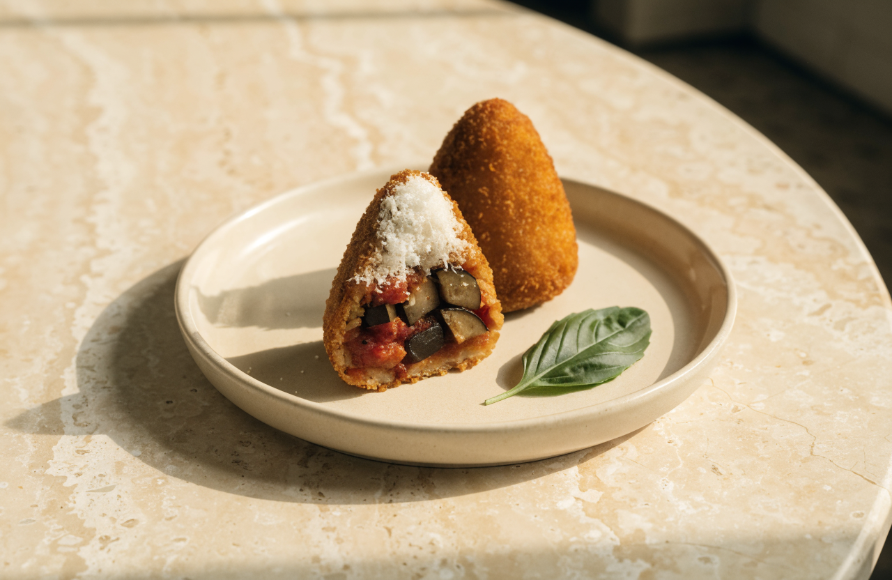 Arancini alla Norma con melanzane e pomodoro, uno aperto