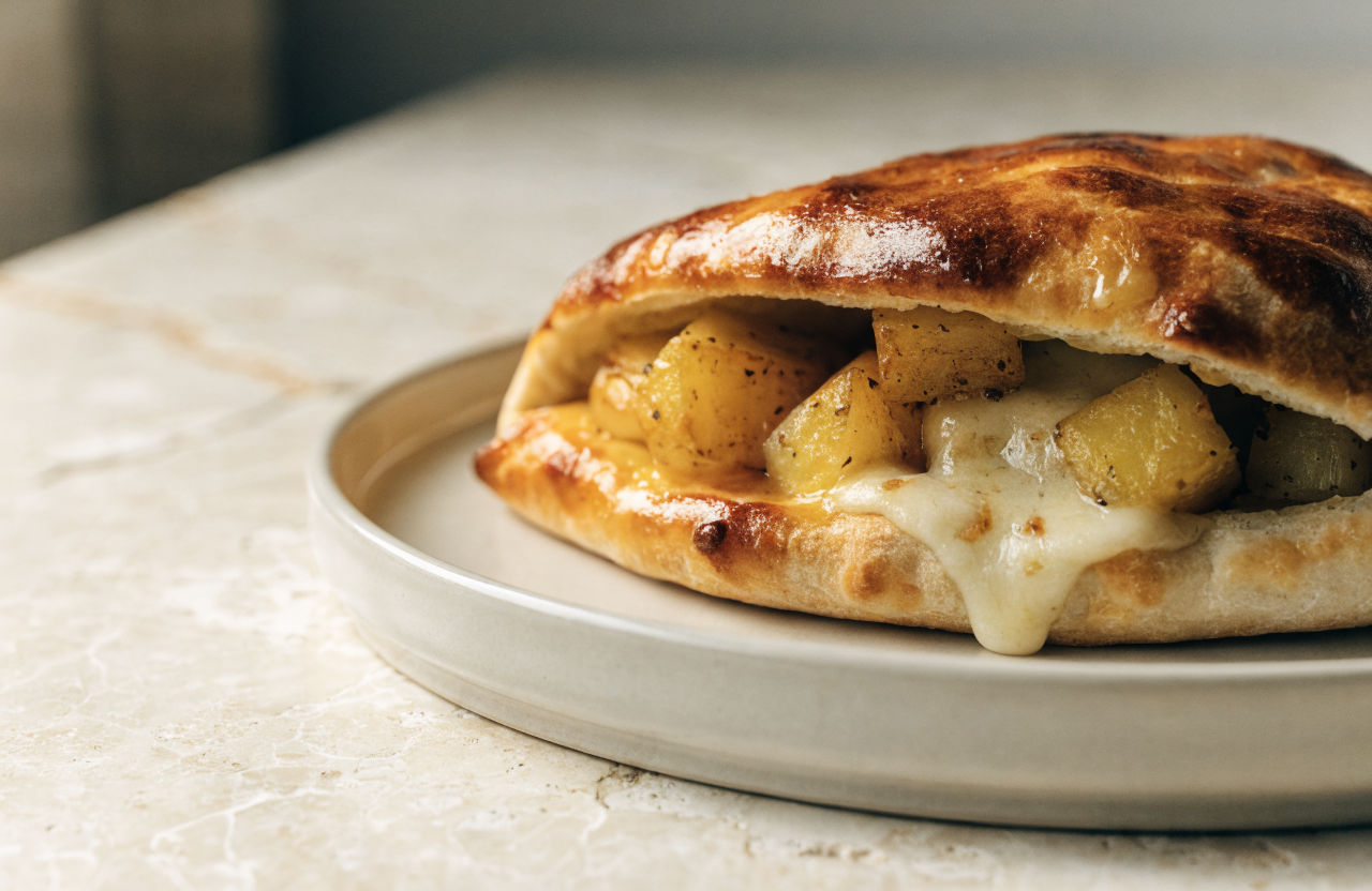 Calzone al forno con patate speziate e pepe nero, tagliato