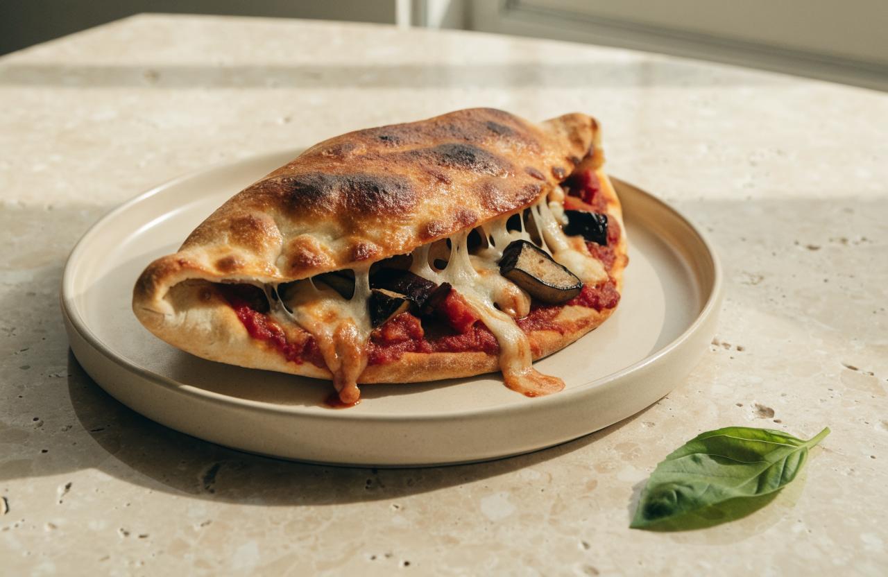 Calzone al forno alla Norma con melanzane e pomodoro, tagliato