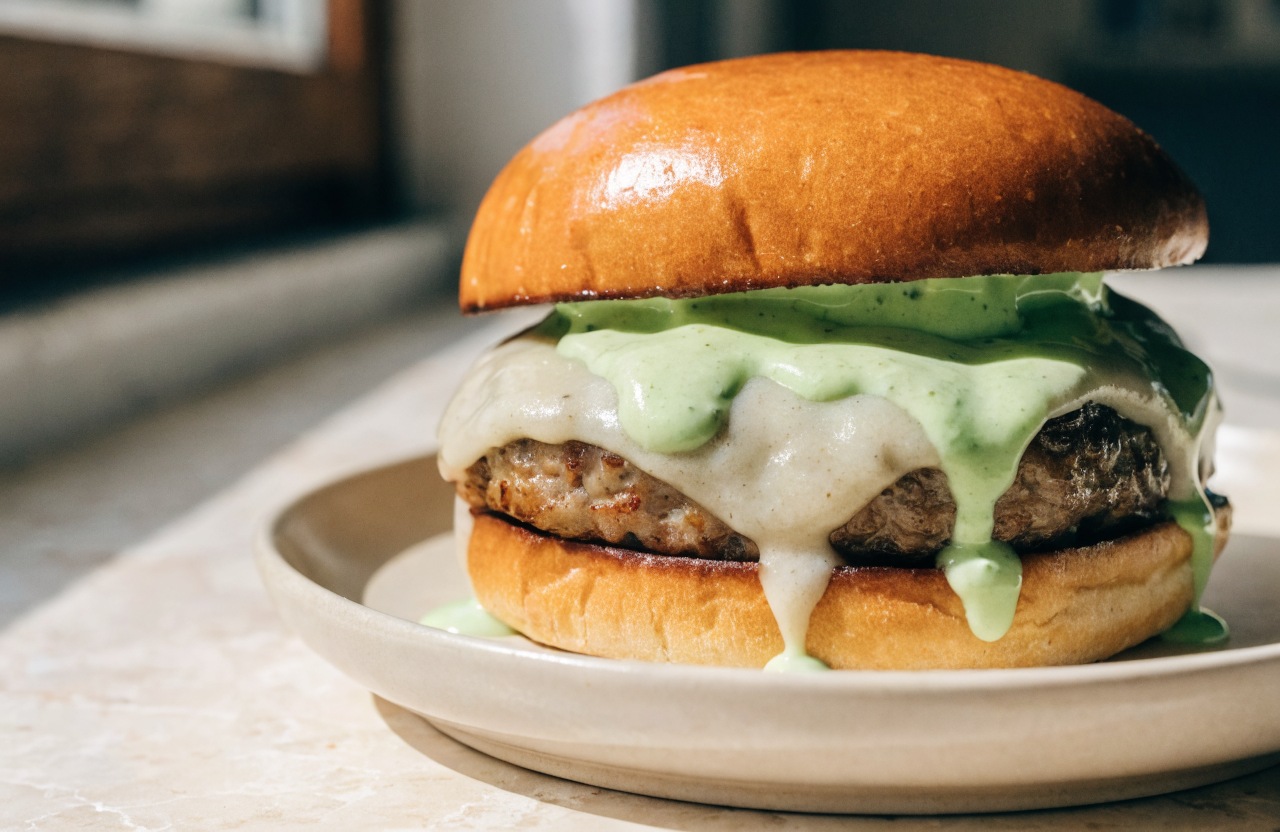 Burger di seitan con maionese al pistacchio nel panino
