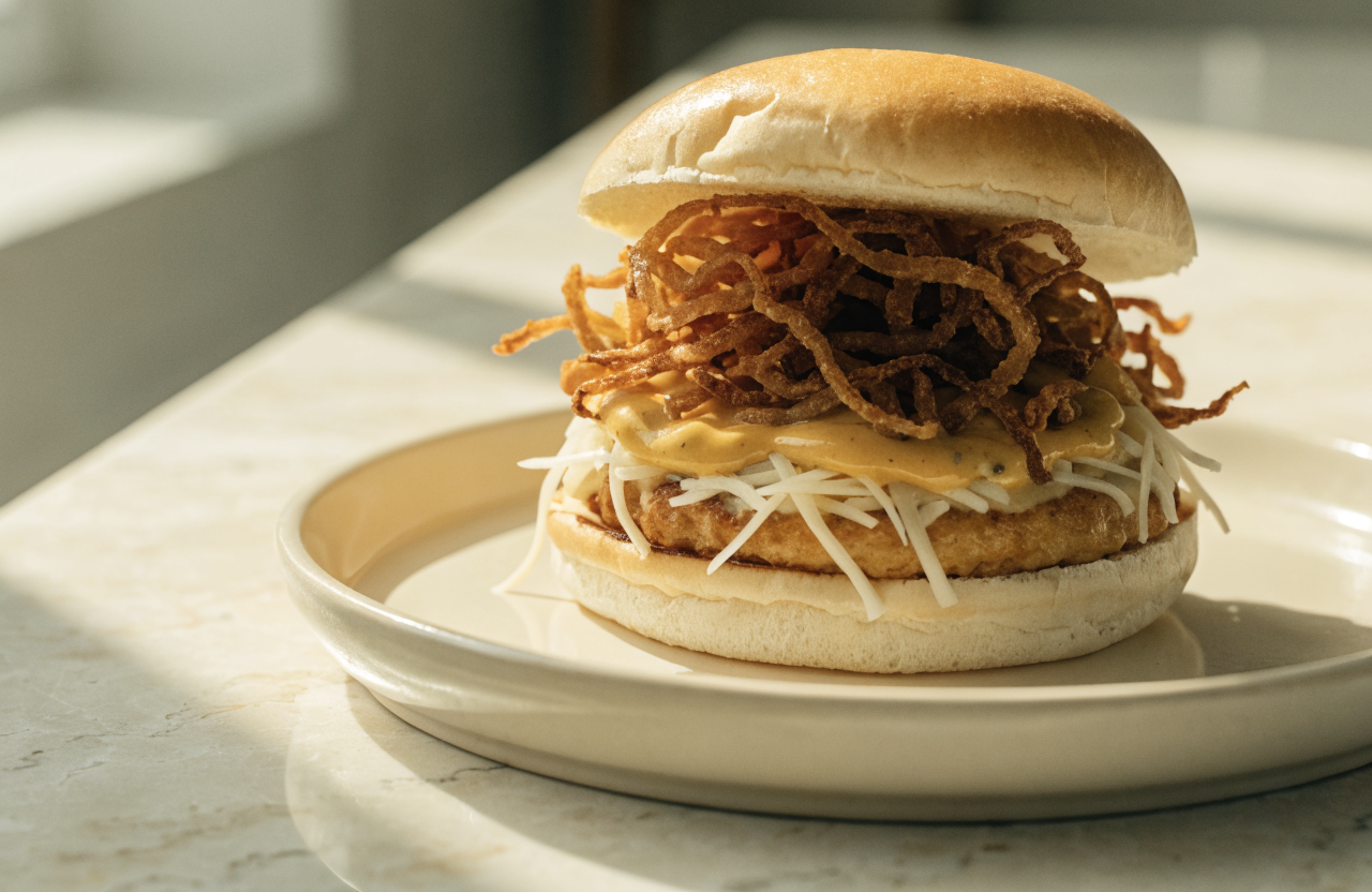 Burger di patate con cipolla crispy e maionese al curry nel panino