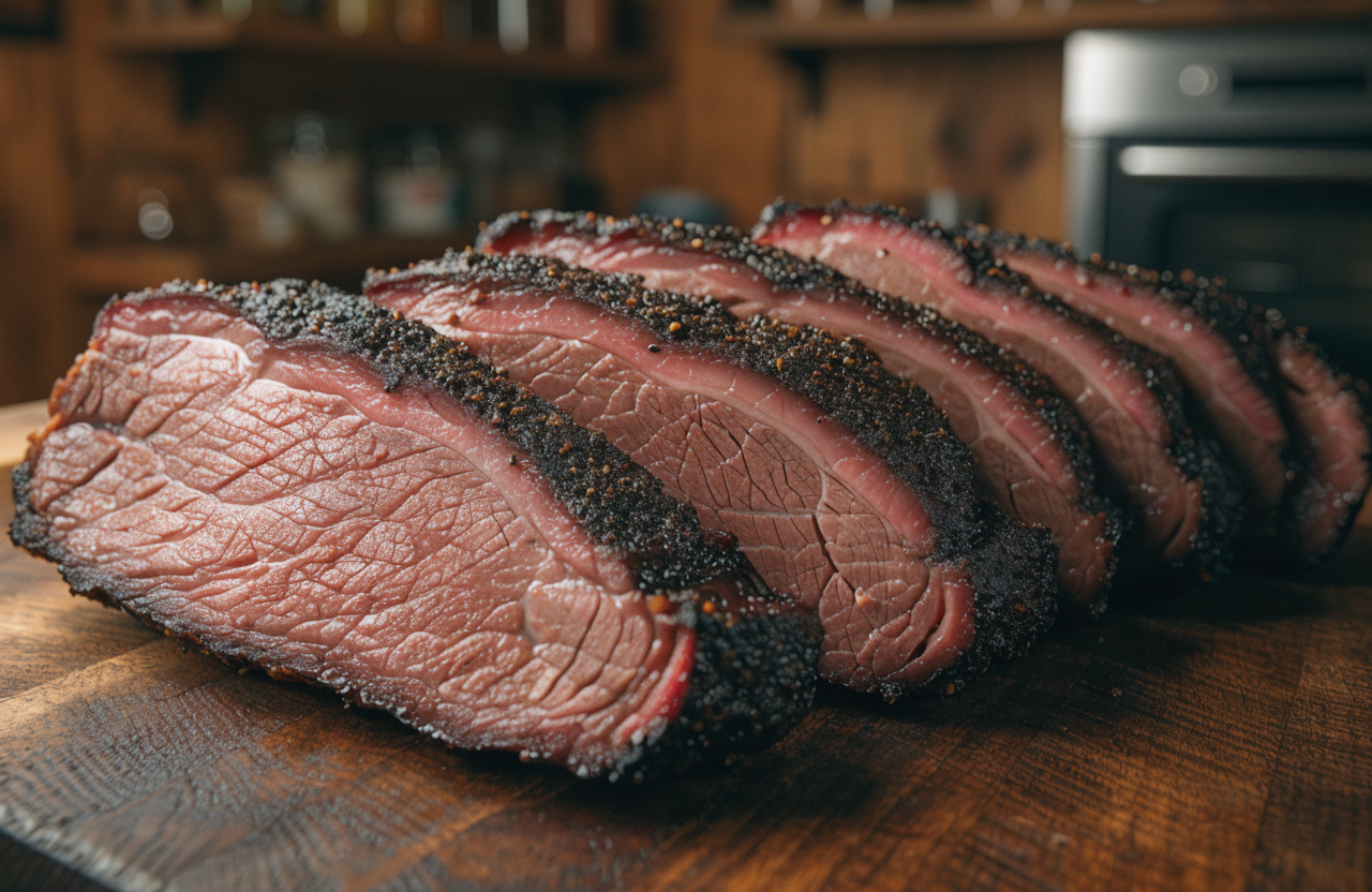 Brisket di manzo affumicato a fette con anello di fumo