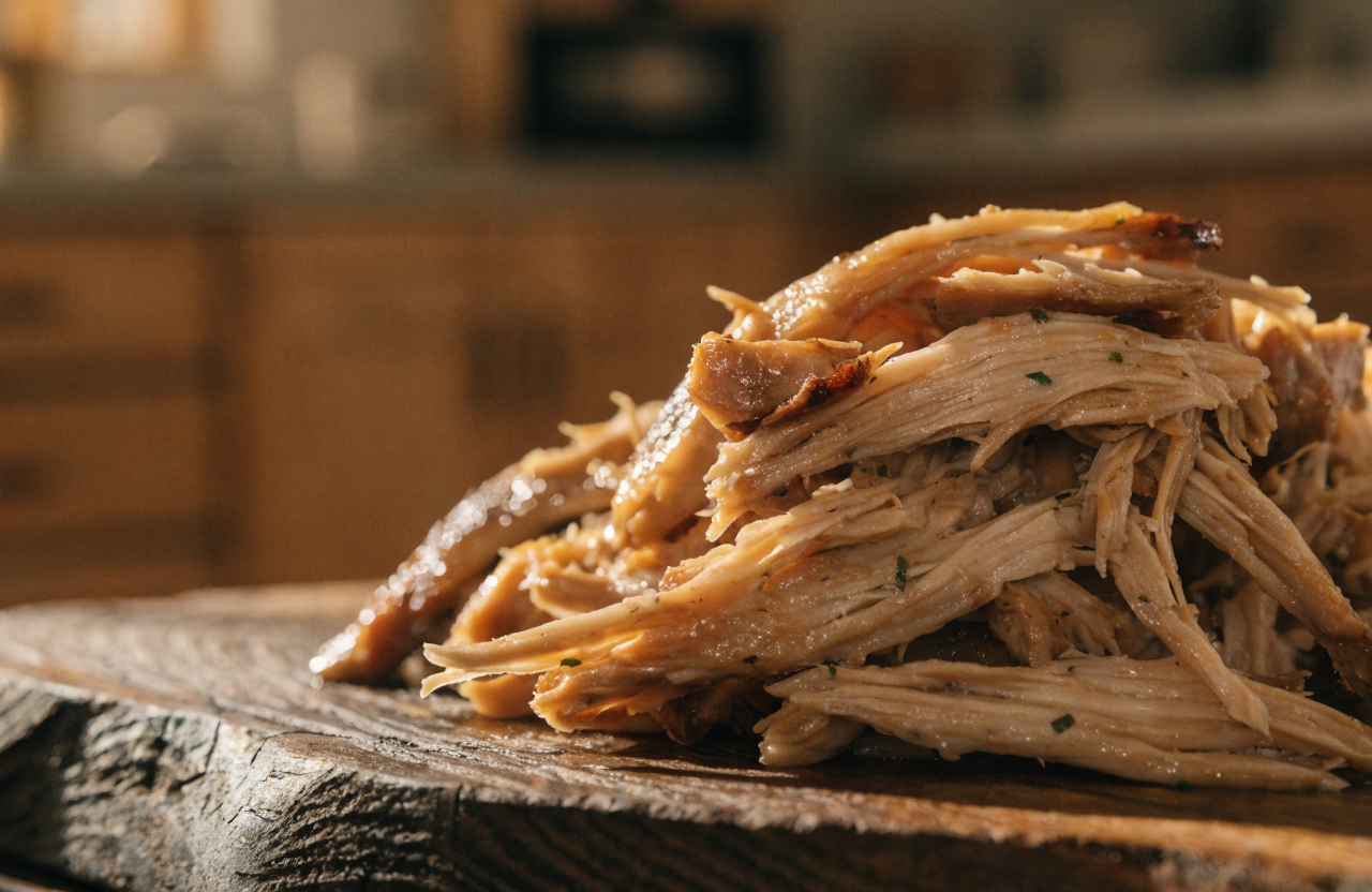 Pulled chicken affumicato sfilacciato su tagliere