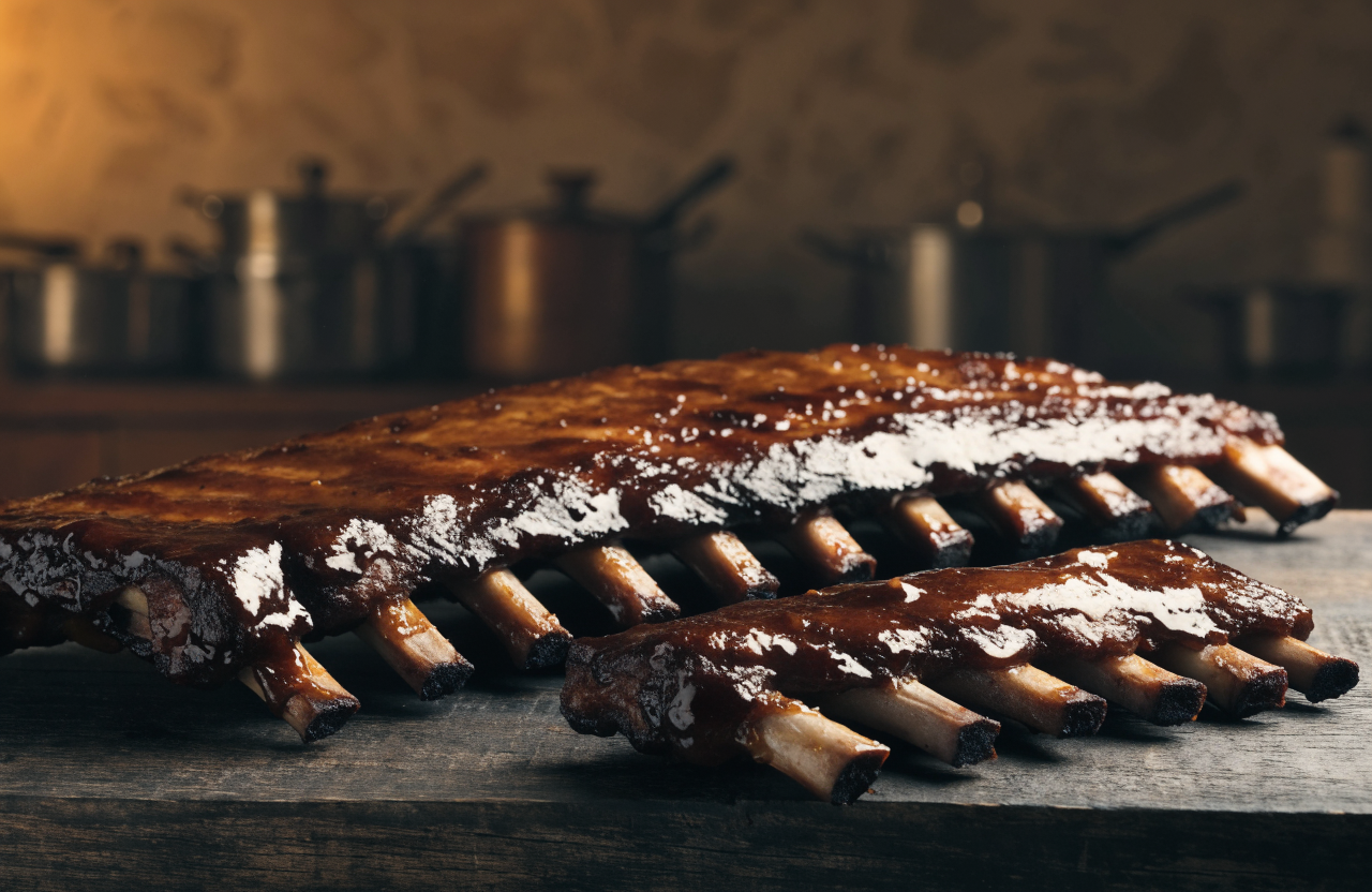 Costine di maiale barbecue glassate su tagliere