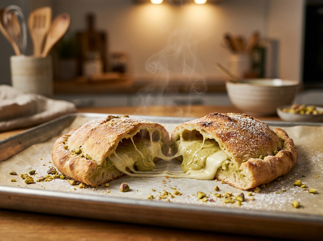 Il calzone al pistacchio tagliato: dentro la crema di pistacchio e il formaggio vegetale che fila