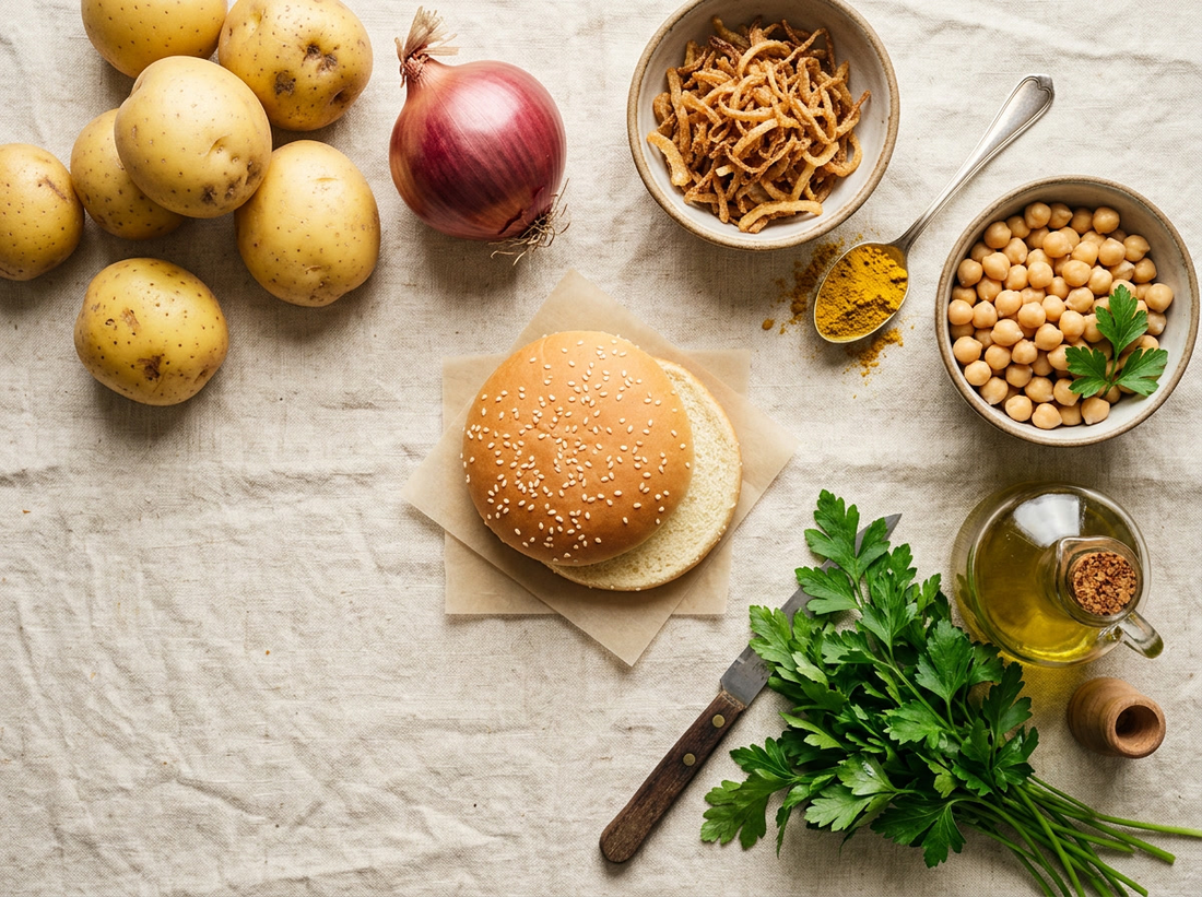 Gli ingredienti: patate, cipolla croccante, curry, ceci, pane