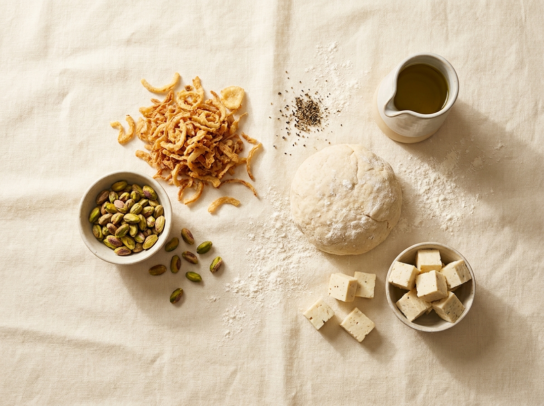 Gli ingredienti: cipolla croccante, pistacchi, impasto, formaggio vegetale, pepe nero