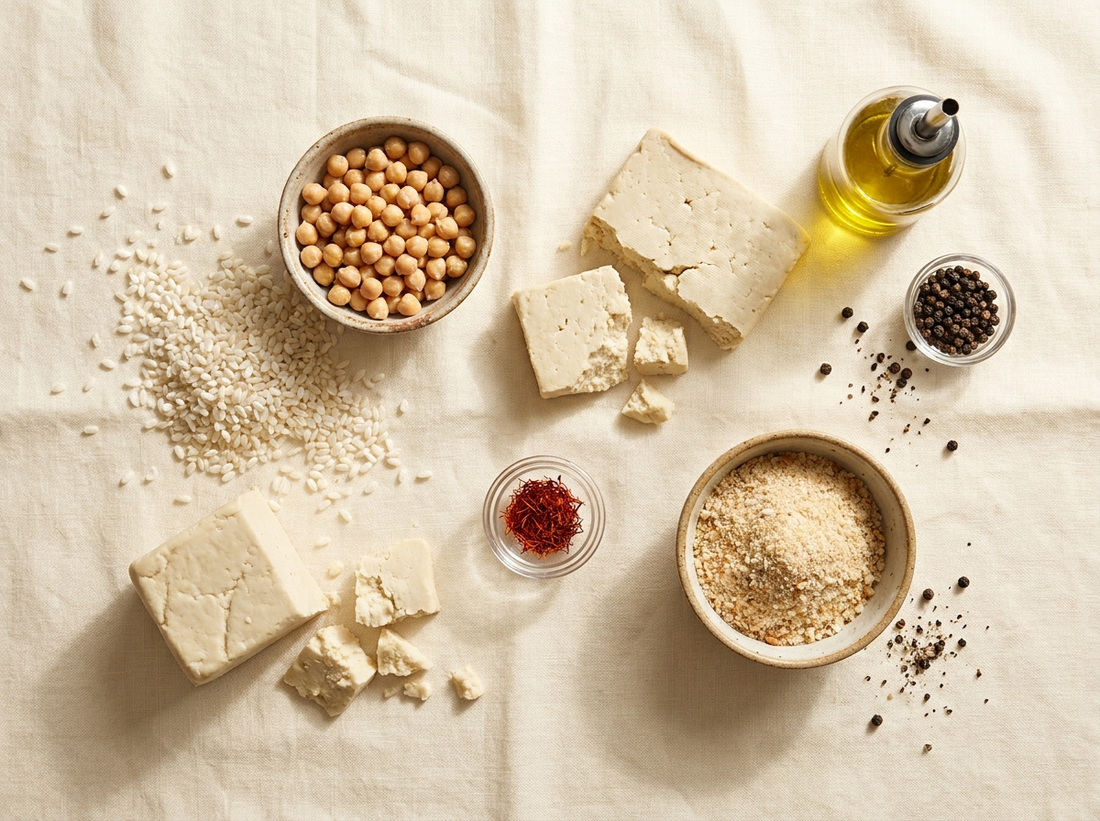 Gli ingredienti: riso, ceci, formaggi vegetali, pangrattato, zafferano
