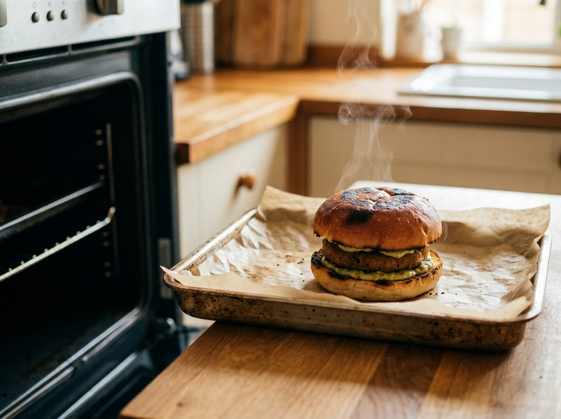 Il burger di seitan appena rigenerato sulla teglia del forno di casa