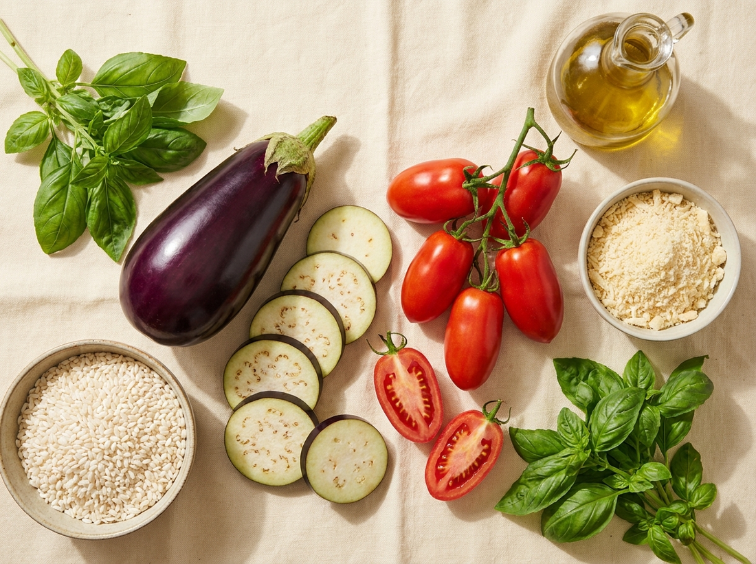 Gli ingredienti degli arancini alla Norma: melanzane, pomodoro, basilico, riso