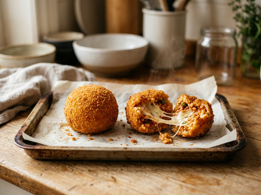 Arancino ai formaggi vegetali aperto: il formaggio fila ancora