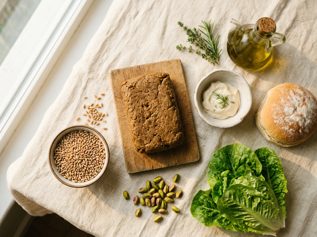 Gli ingredienti: seitan, pistacchi, maionese vegana, pane, insalata