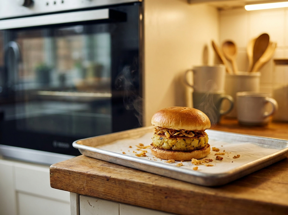 Il burger di patate appena rigenerato sulla teglia del forno di casa