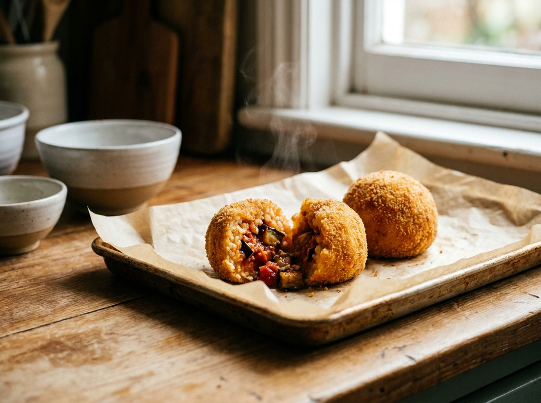 Arancino alla Norma aperto: dentro melanzane, pomodoro e riso