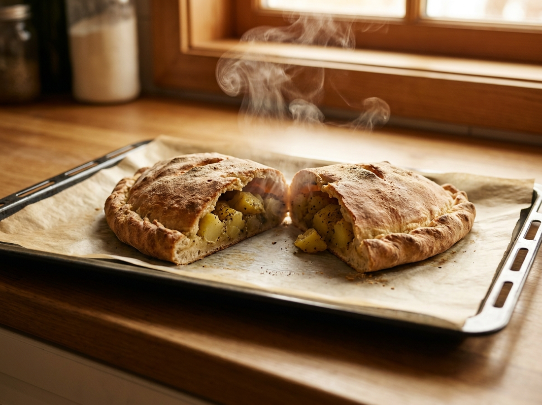Il calzone alle patate tagliato dopo la rigenerazione