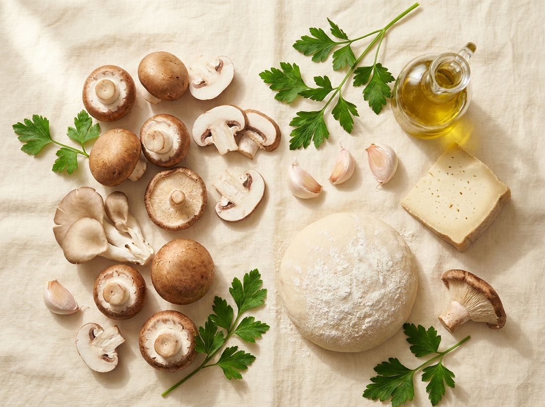 Gli ingredienti: funghi misti, aglio, prezzemolo, impasto, formaggio vegetale